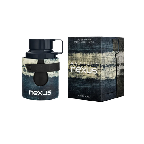Odyssey Nexus Edition Acwa Eau de Parfum — dark denim-textured bottle with black strap and matching box